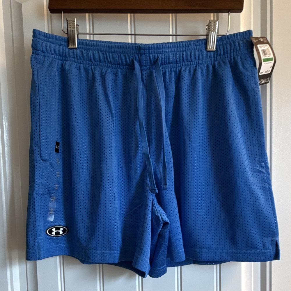 Under Armour Men's Blue Mesh Athletic Shorts L Drawstring Elastic Waist Pockets